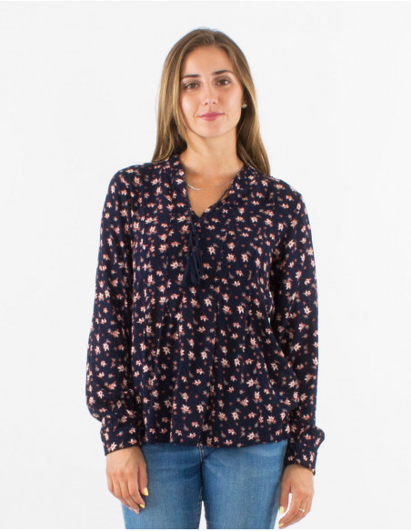 Blouse fluide pour l'hiver à fleurs bohème bleu marine