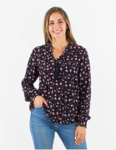 Blouse bohème chic à volants et motifs petites fleurs bleu marine