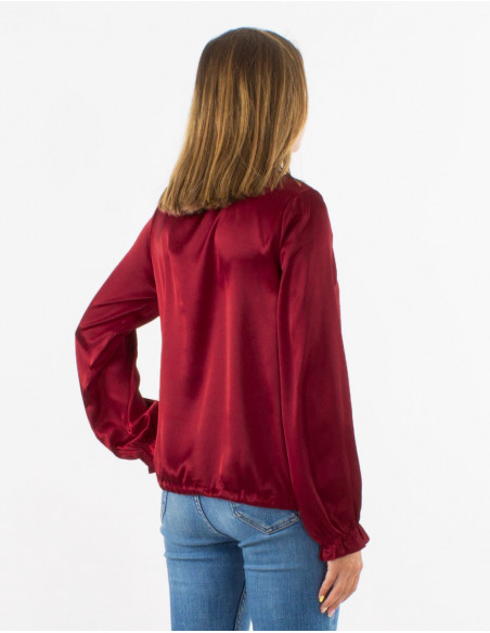 Chemisier satiné cache cœur chic uni rouge bordeaux