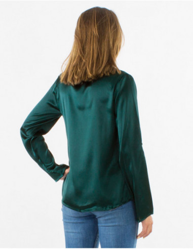 Chemisier boutonné chic et sexy en satin brillant uni bleu émeraude pour femme
