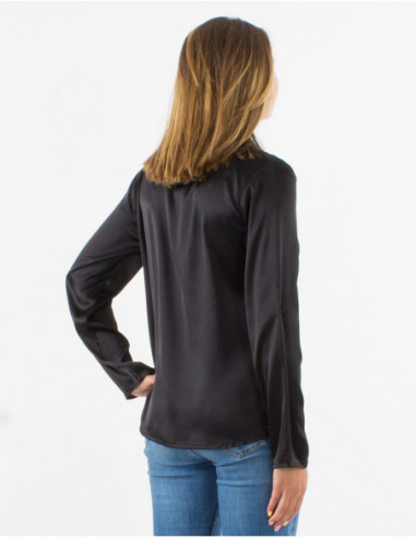 Chemisier boutonné chic et sexy en satin brillant uni noir pour femme