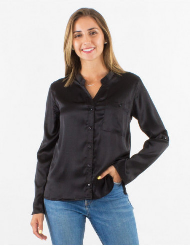 Chemise à boutons chic et féminine pour l'automne satin brillant noir