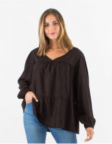 Blouse ample avec coutures et imprimé bohème cachemire ton sur ton noire