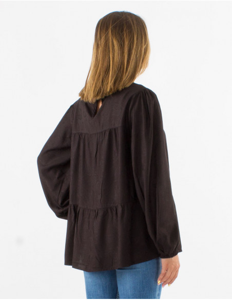 Blouse femme ample chic pour l'automne motif cachemire ton sur ton noir