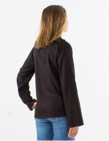 Chemisier boutonné féminin et chic à motifs cachemire ton sur ton noir