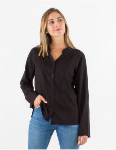 Chemise fluide manches réglables pour femme imprimé cachemire ton sur ton noir