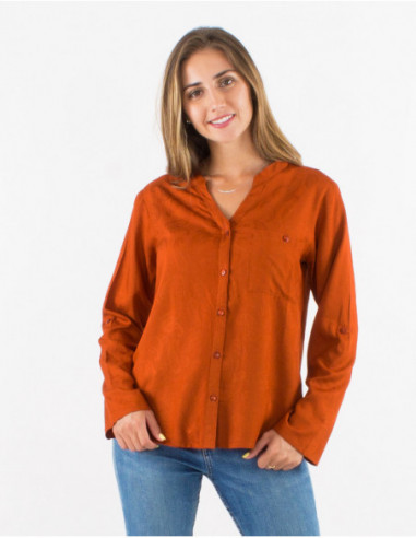 Chemise fluide manches réglables pour femme imprimé cachemire ton sur ton bleu émeraude