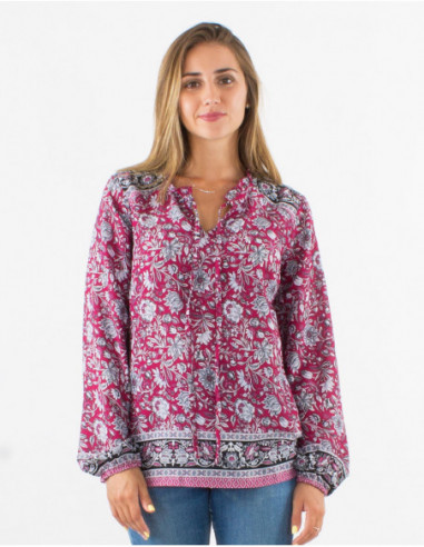 Blouse romantique ethnique pour femme avec fleurs rouge bordeaux