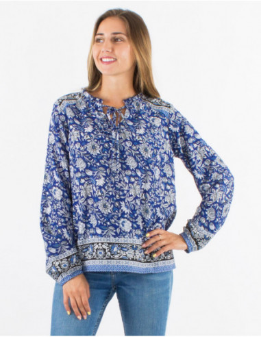 Chemisier fluide pour l'automne imprimé bohème chic fleuri bleu marine