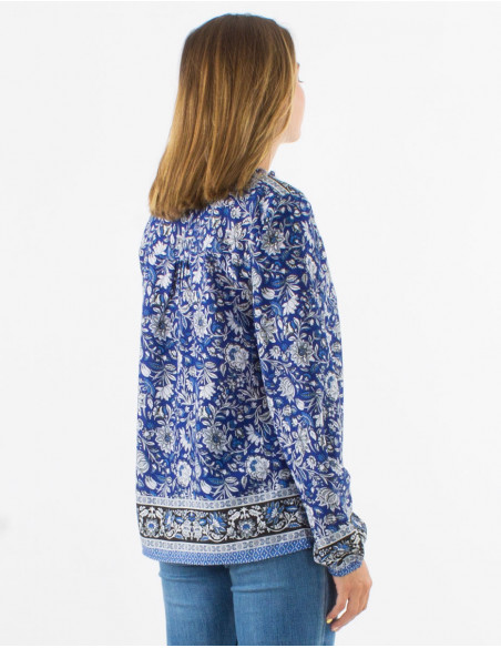 Blouse boho chic fluide imprimé fleuri bleu marine pour l'hiver