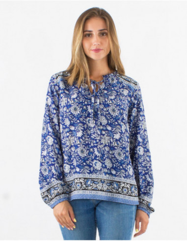 Blouse romantique ethnique pour femme avec fleurs bleu marine