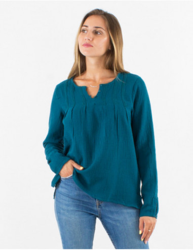 Chemisier chic et féminin pour l'hiver en gaze de coton bleu pétrole