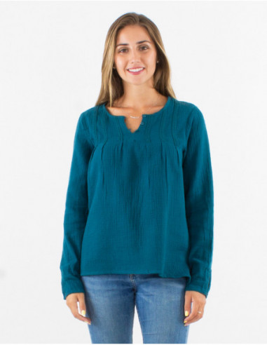 Blouse femme élégante en gaze de coton bleu pétrole