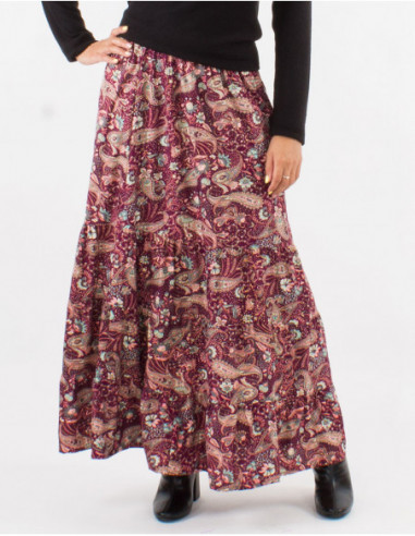Jupe longue fluide originale à volants motifs cachemire rouge bordeaux