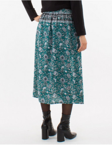 Jupe mi mollet bohème chic bleu émeraude imprimé grosses fleurs blanches