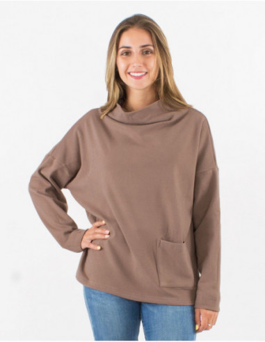 Pull ample d'hiver tout doux avec poche avant uni basique marron taupe