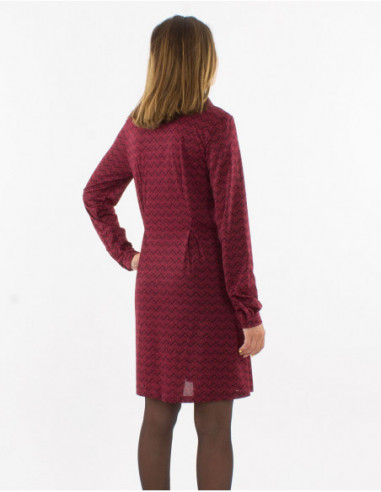 Robe courte fluide à boutons originale motifs géométriques rouge bordeaux