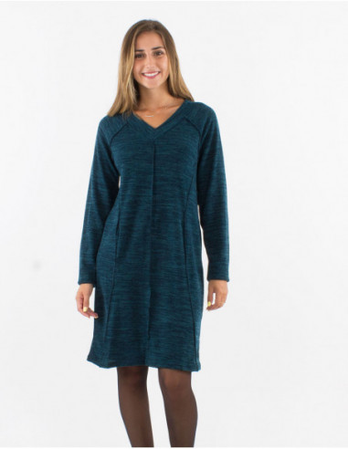 Robe pull col V basique unie bleu pétrole avec surpiqures