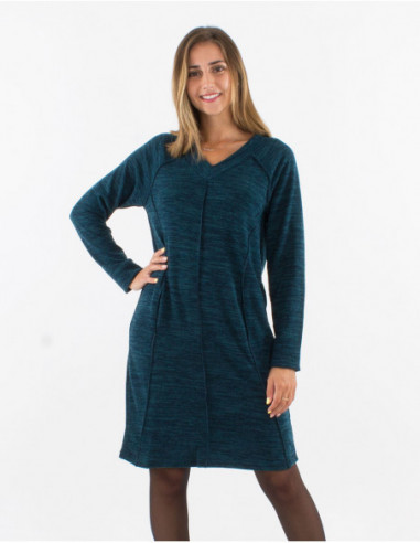 Robe pull courte à col V confortable pour l'hiver unie bleu pétrole avec poches avant