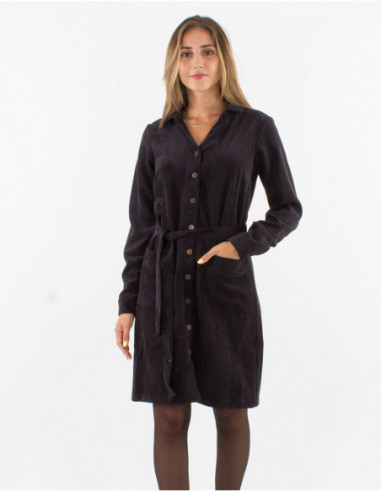 Robe courte à boutons chic en velours côtelé noir