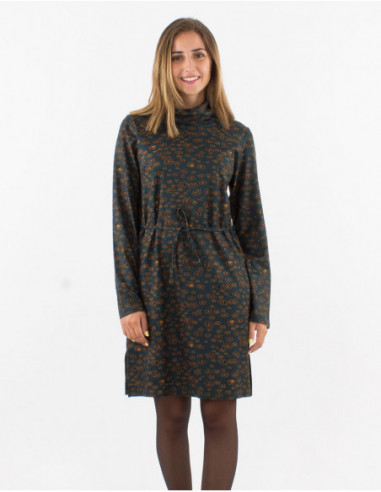 Robe courte femme chic pull avec col roulé et imprimé boho fleuri vert kaki