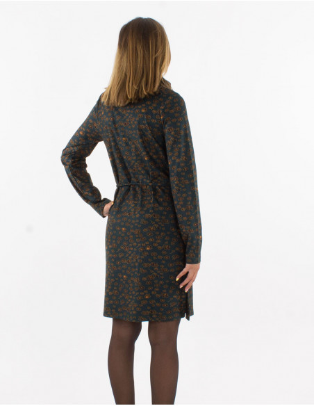 Robe pull col roulé vert kaki chic pour cet hiver avec imprimé bohème petites fleurs