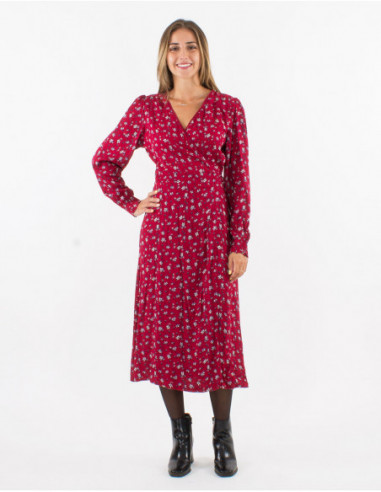 Robe longue bohème chic fendue sur les côtés motifs petites fleurs rouge bordeaux