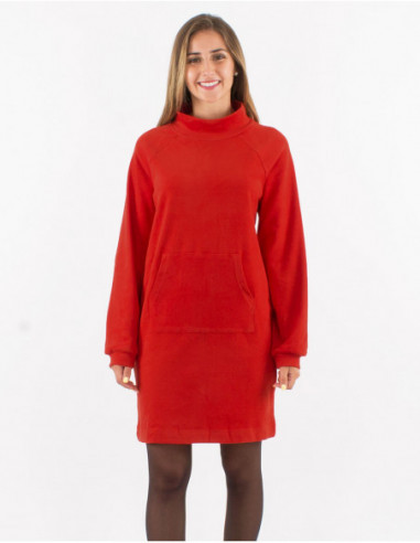 Robe courte pull col roulé avec poche kangourou unie basique rouille