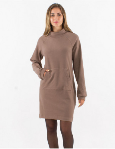 Robe sweat taupe tissu doux et poche kangourou pour femme