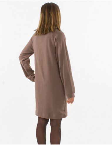 Robe courte pull col roulé avec poche kangourou uni basique marron taupe