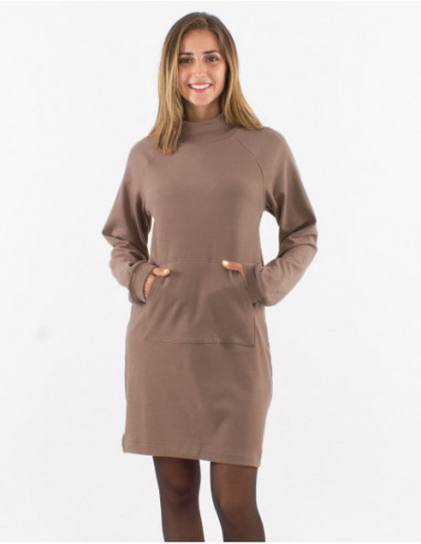 Robe pull sweat col roulé unie basique marron taupe