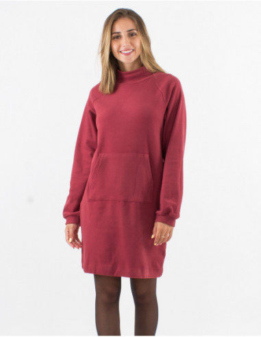 Robe courte pull col roulé avec poche kangourou uni basique vieux rose