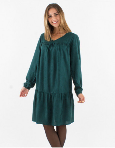 Robe courte fluide à volants bohème cachemire ton sur ton bleu émeraude