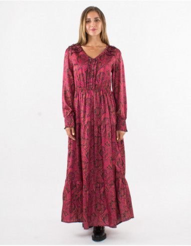 Robe longue satinée originale fleurie rose fuchsia