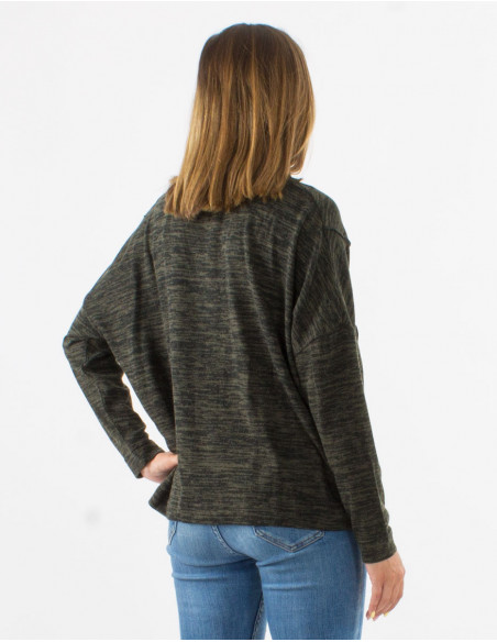 Gilet pull vert kaki mauve avec boutons métaliques manches chauve-souris