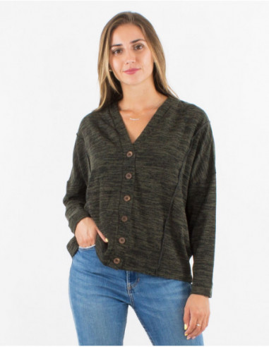 Gilet ample vert kaki manches chauve-souris avec boutons métaliques