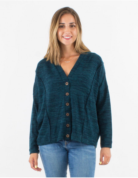 Gilet ample bleu pétrole manches chauve-souris avec boutons métaliques