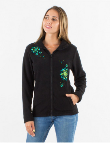 Veste polaire unie broderies fleuries
