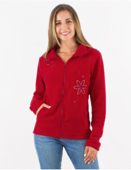 Polaire zippée d'hiver pour femme unie rouge brodée