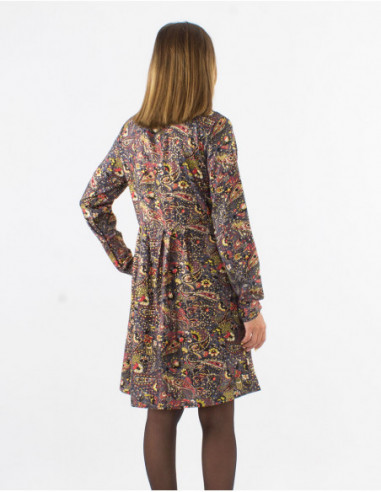 Robe courte fluide et satinée à imprimé bohème cachemire gris