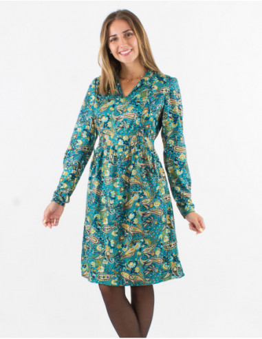 Robe courte féminine à col mao et motifs cachemire satiné bohème bleu pétrole