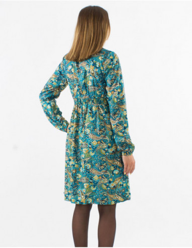 Robe longueur genoux fluide bohème chic cachemire bleu pétrole