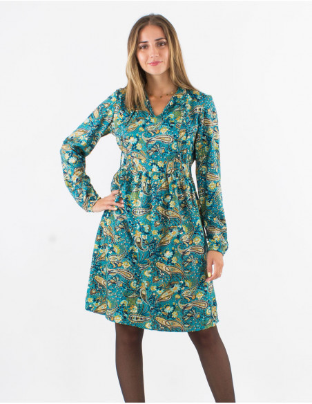 Bohemian dress with golden paisley print