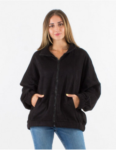 Veste oversize à capuche intérieur fourré pour l'hiver noir