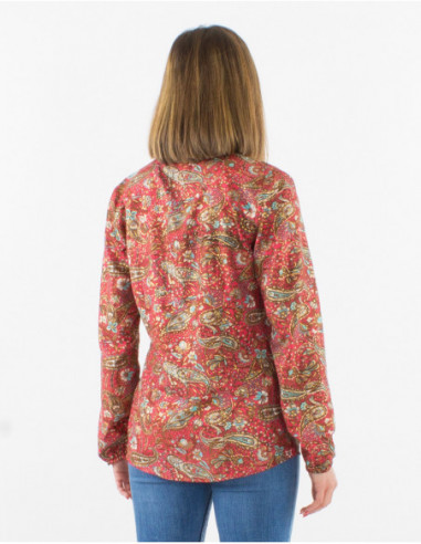 Blouse à boutons femme avec motif boho cachemire rose corail