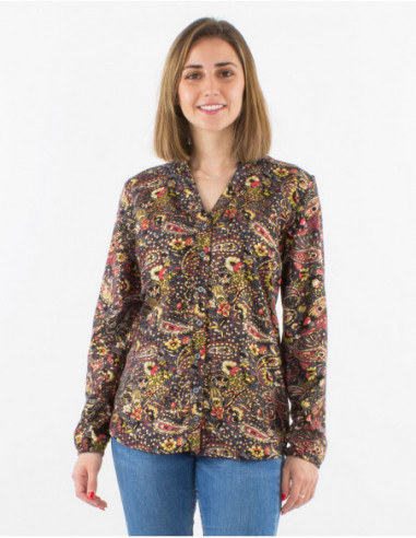 Blouse à boutons femme avec motif boho cachemire gris