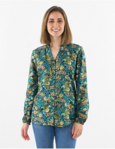 Blouse à boutons femme avec motif boho cachemire bleu pétrole