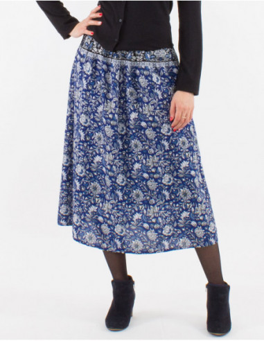 Jupe midi fluide évasée pour l'automne à imprimé bohème chic fleuri bleu marine