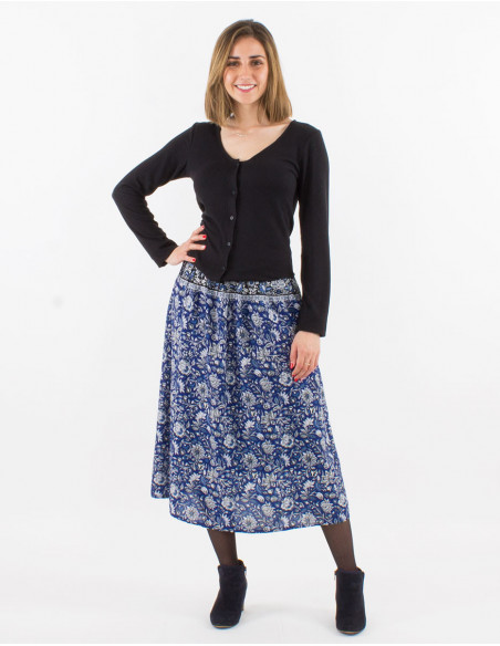 Jupe mi longue évasée imprimé bohème chic fleuri bleu marine