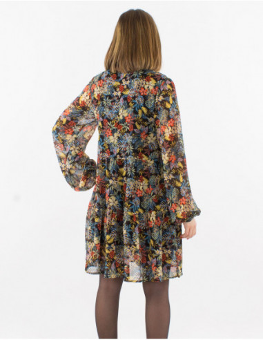 Robe courte transparente fluide pour l'automne à motifs fleurs colorées noir